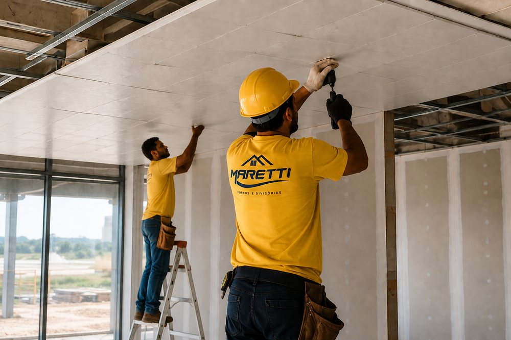 Equipe Maretti instalando forro em obra