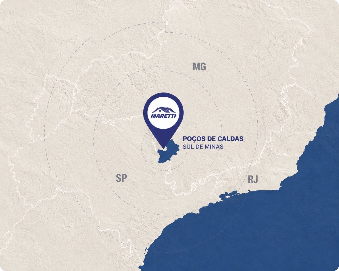 Mapa de atendimento da Maretti — Poços de Caldas, Sul de Minas, com expansão para São Paulo e Região Metropolitana
