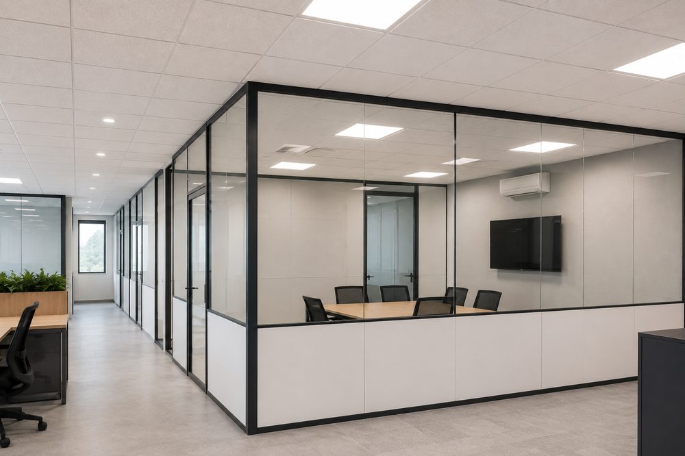 Divisória em drywall com vidro instalada pela Maretti